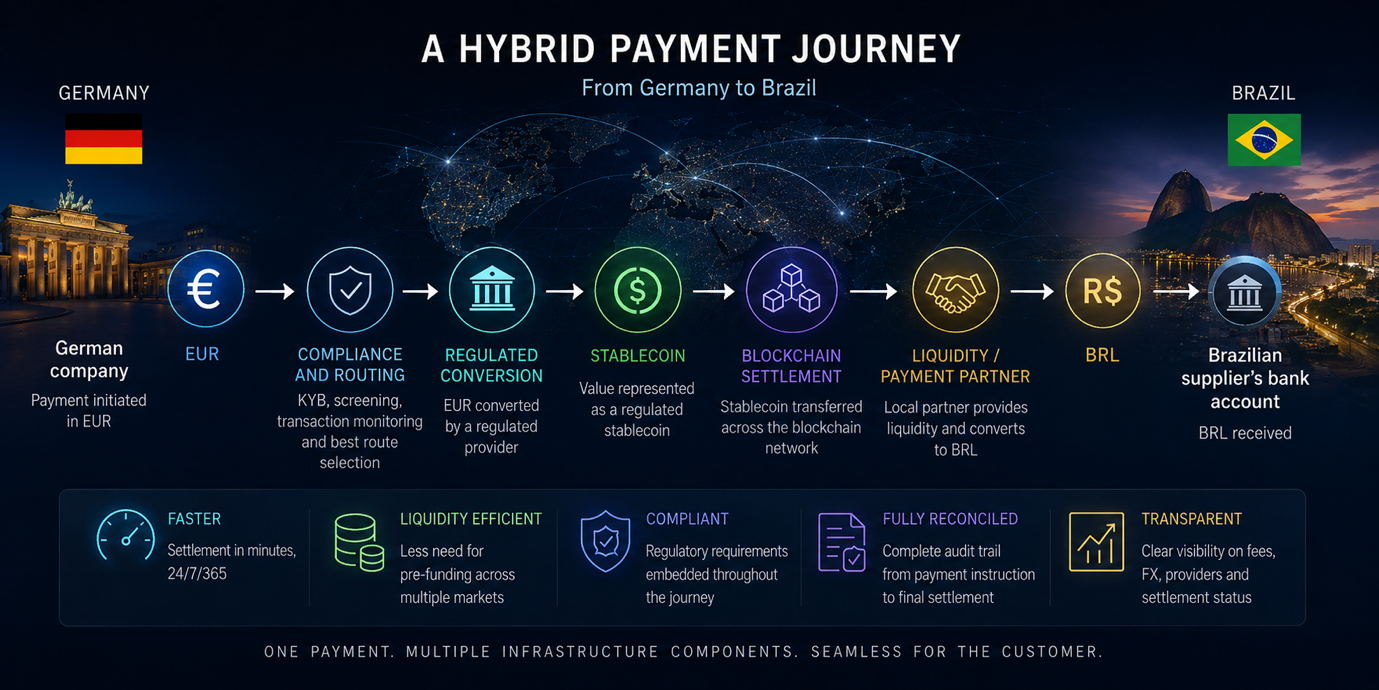 A hybrid payment journey from a German company's EUR account through compliance, conversion, stablecoin settlement and local BRL payout to a Brazilian supplier
