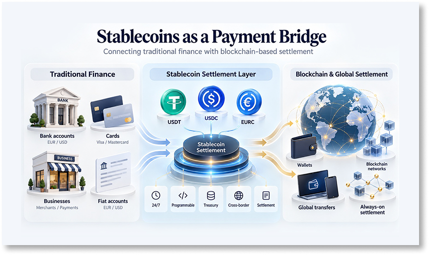 Stablecoins as a payment bridge connecting traditional finance with blockchain-based settlement